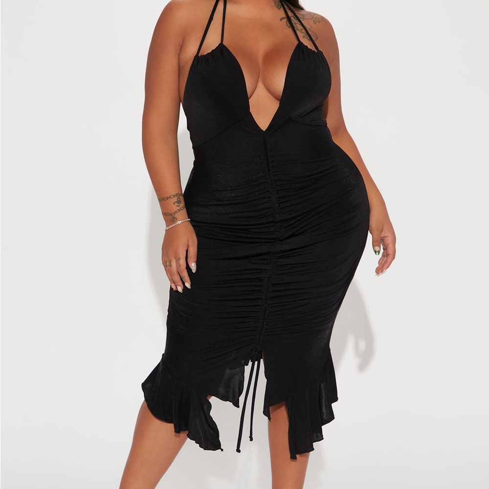 Elegant Black Ruched Mini Halter Dress